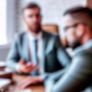 dos hombres de negocios hablando en una mesa en una oficina.