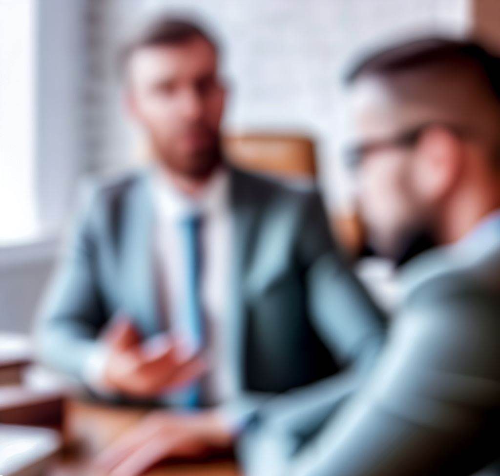 dos hombres de negocios hablando en una mesa en una oficina.
